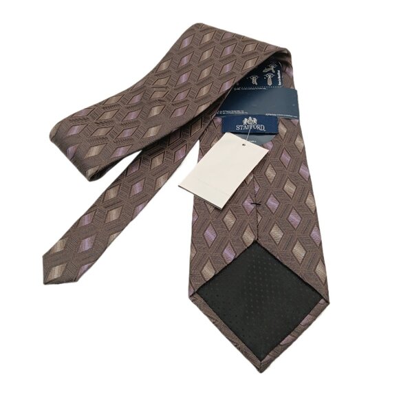Stafford Silk Tie Men’s 60” Taupe Geometric Diamond Modern Elegant Wide New - Picture 3 of 3